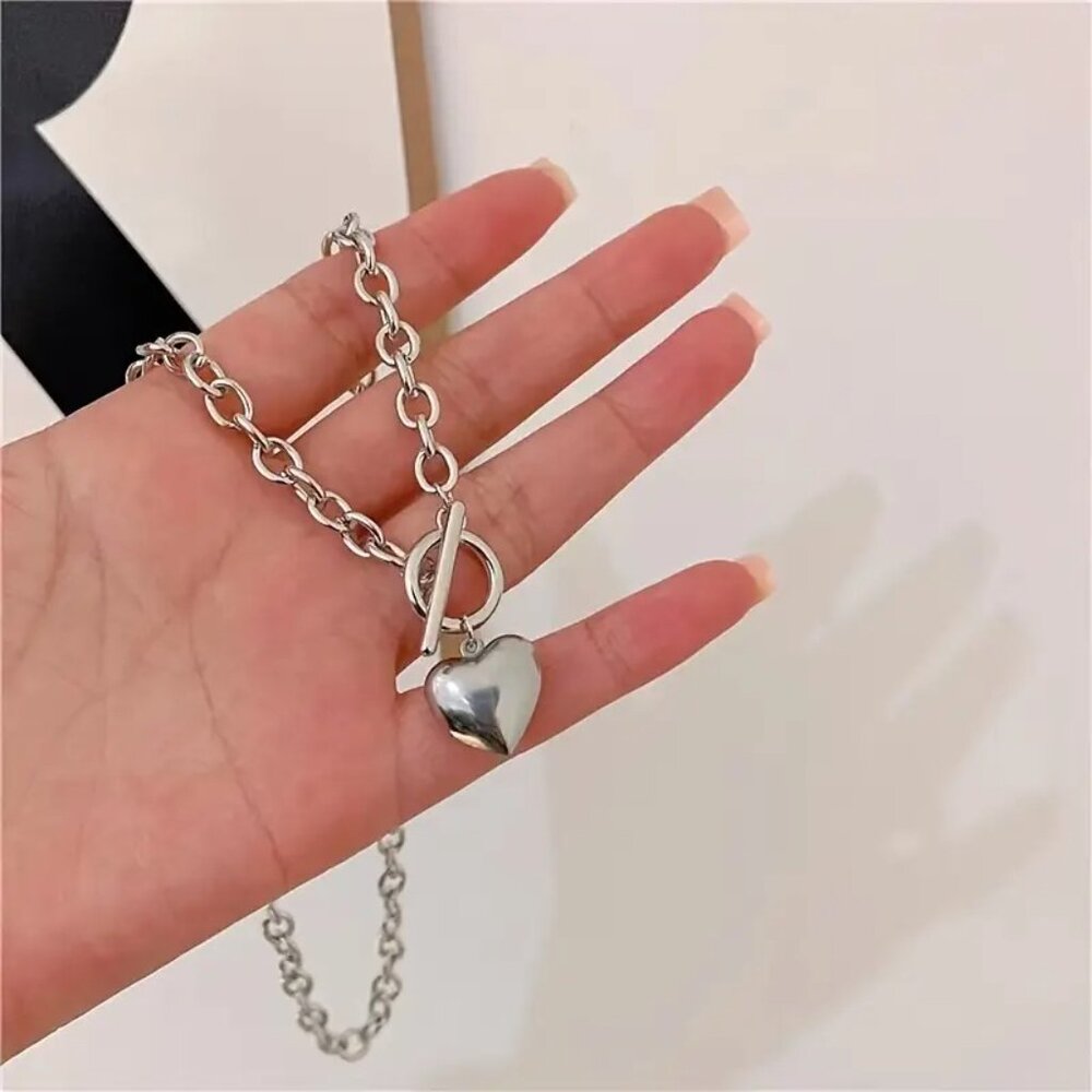 ๐ 2pc Heart Charm Necklace & Bracelet Set Silver Tone Chain Motherโs Day Gift - Picture 5 of 8